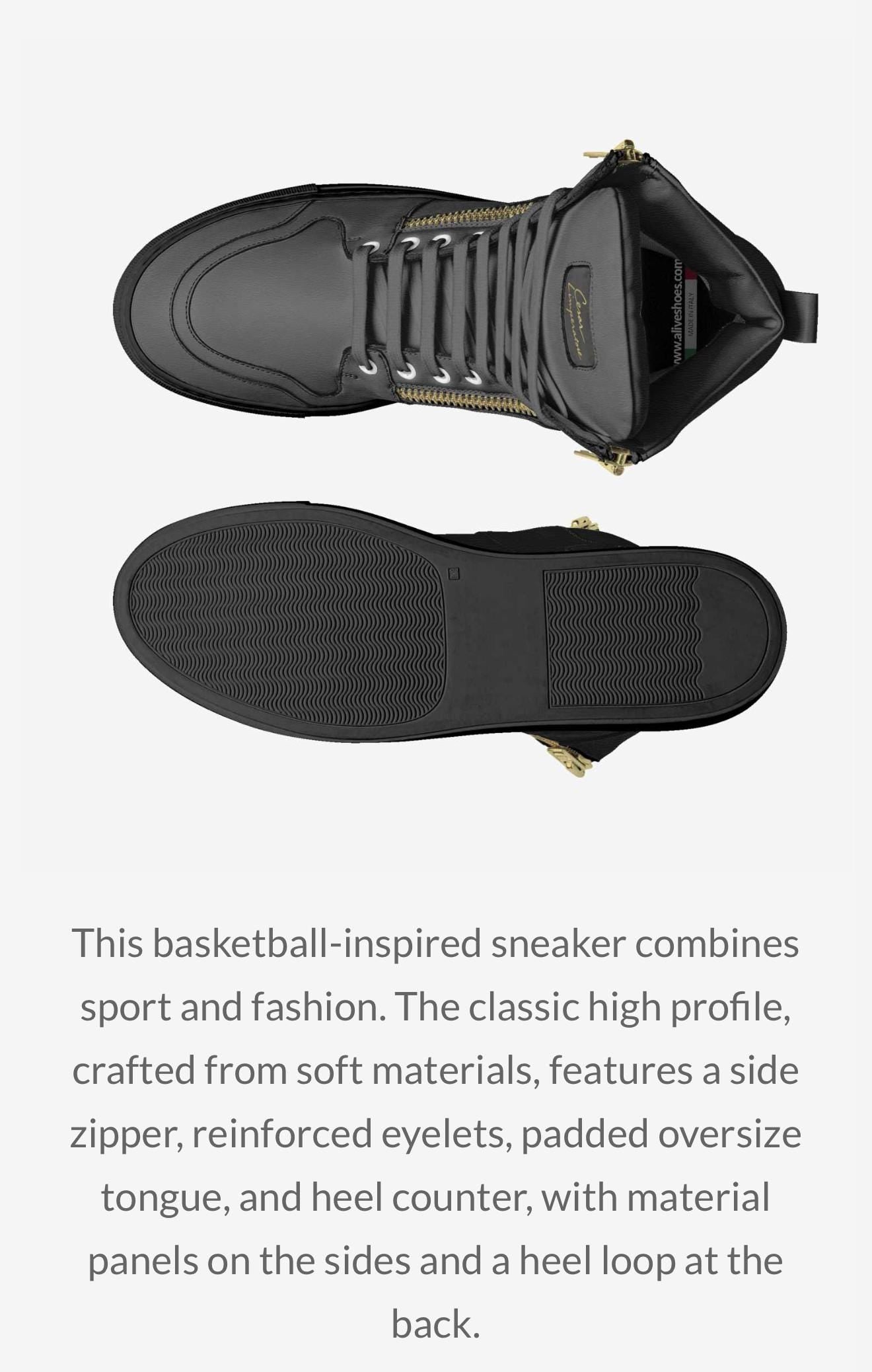 Cesar Limperatore Luxe Zipper High-Tops-Premium Black Leather Sneakers with Gold Detail